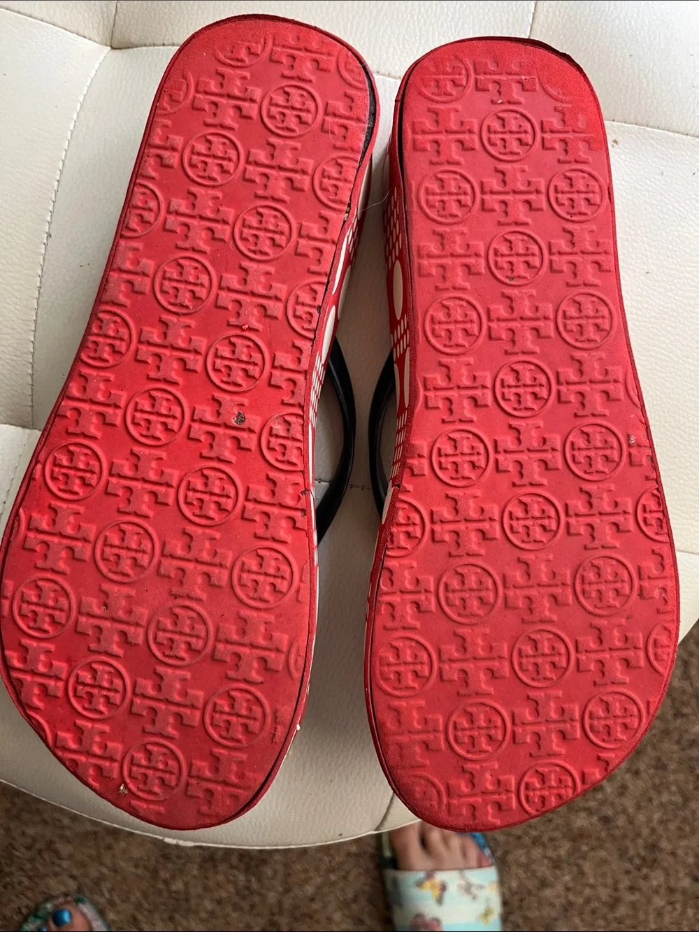 Tory Burch Red & Cream Polka Dot Flip Flop Sandals with Blue straps